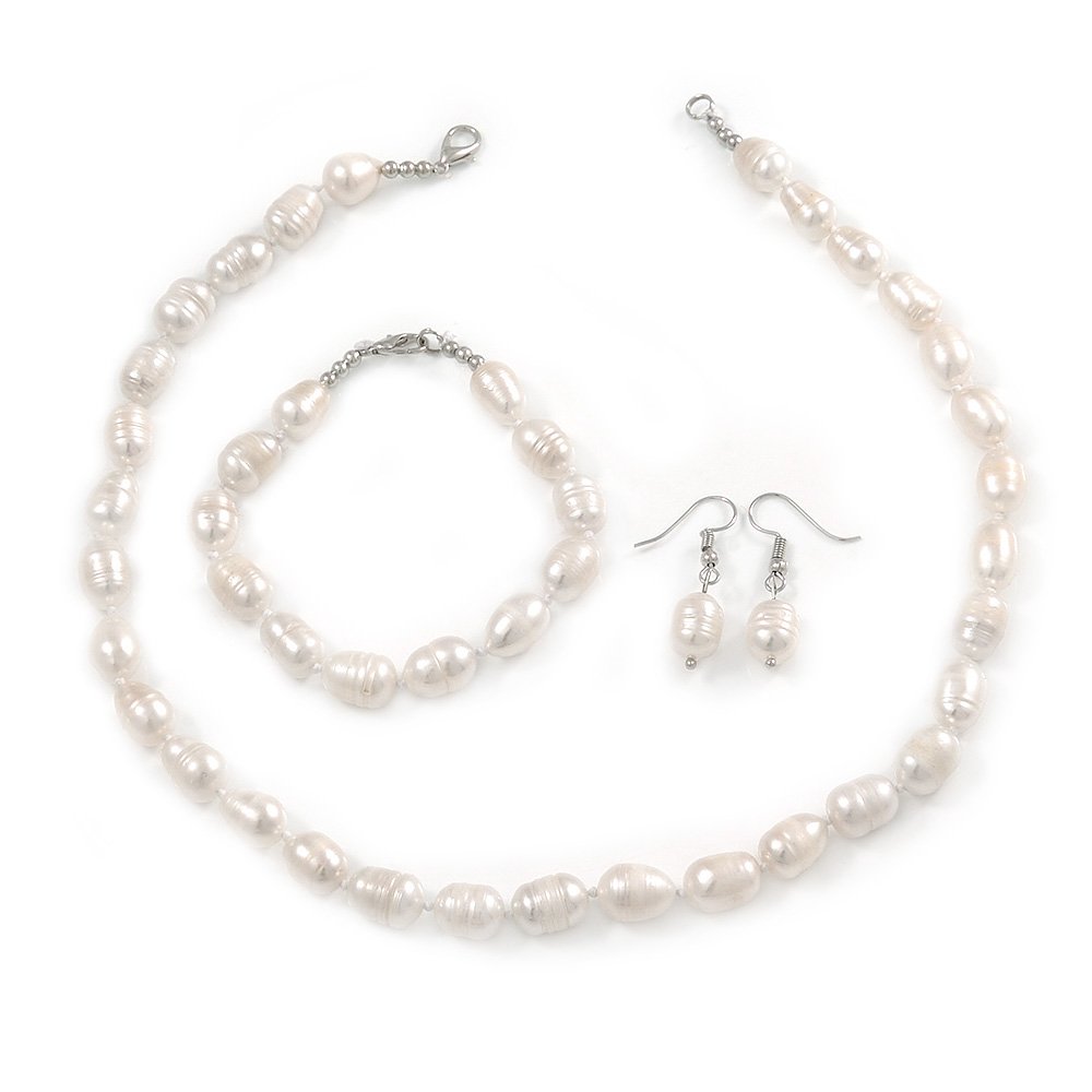 Avalaya 12mm Classic White Oval Ringed Freshwater Pearl Bead Necklace, Bracelet and Drop Earrings Set/ 41cm L Necklace/ 17cm L Bracelet