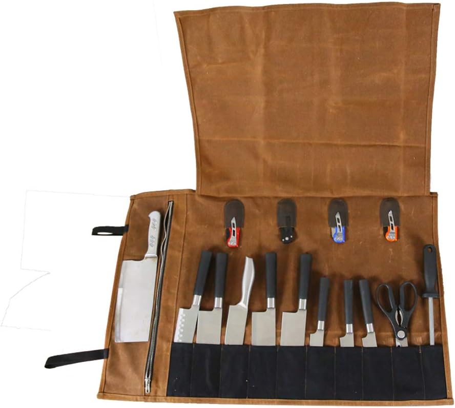 QEES Leather Chef Knife Roll Bag 16 Oz Waxed Canvas Waterproof Zipper