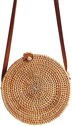 Straw Beach Bags for Women,Girls Circle Handwoven Bali Round Retro Rattan Tote Bag (Khaki)
