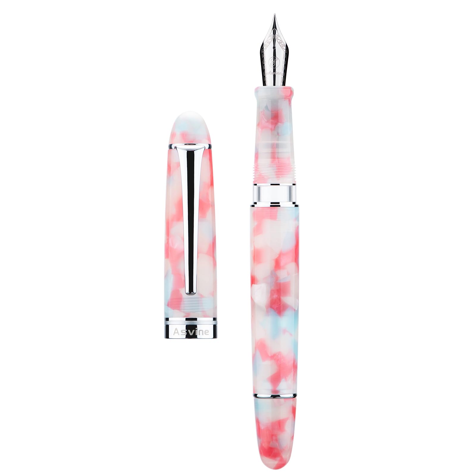 Asvine P50 Piston Fountain Pen Red Marble Resin, Medium Nib Silver Trim Smooth Writer Collection with Pen Case Gift Set