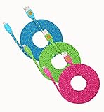 3 Pack 10ft Durable Hi-Speed Braided Flat Noodle Lightning USB SYNC Cable Charger Cord for iPhone 6, 6 Plus, 5, 5C, 5S, iPad 4, iPad Mini, Ipad Air, iPod Touch 5th Gen, iPod Nano 7th Gen, Support Latest IOS, 8-pin to USB - (blue, green, htpink)