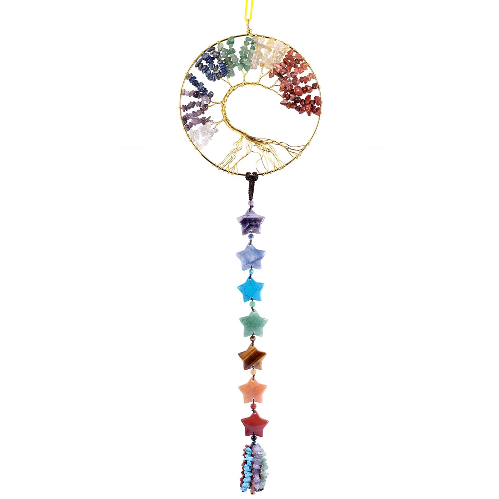 mookaitedecor 7 Chakra Stars Tree of Life Hanging Ornament for Living Room Hallway and Stairs Decor, Tree of Life Crystal Wall Art Chakra Wall Hanging Healing Crystal Gift for Women Feng Shui Ornament