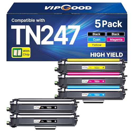 VIPGOOD TN247 TN-243CMYK Compatible Toner Cartridges for Brother TN247 TN243 for DCP-L3550CDW MFC-L3750CDW MFC-L3770CDW MFC-L3730CDN HL-L3270CDW HL-L3230CDW (Black Cyan Yellow Magenta, Pack of 5)