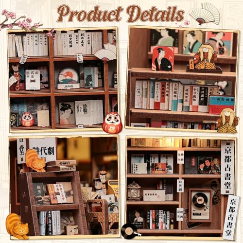 CUTEBEE Book Nook Kit – Casa de Muñecas para Adultos, Tienda de Estilo Japonés Delicada, Casa en Miniatura DIY con Luz LED, Decoración para Estantería, Regalo (Antique bookery of Kyoto)