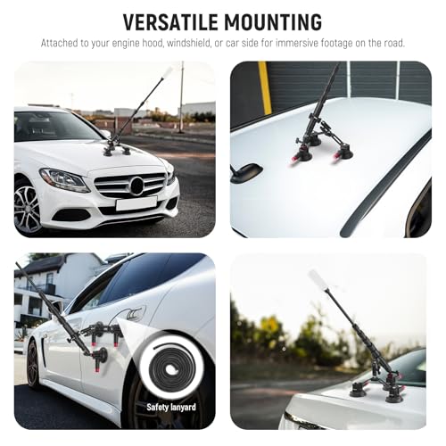 NEEWER Triple Suction Cup Car Mount Compatible with Insta360 X5 X4 GoPro DJI OSMO 360 Cameras, Quick Release Outside Windshield Magic Arm Mount Kit with 2 in 1 Extension Pole/Selfie Stick, CA065