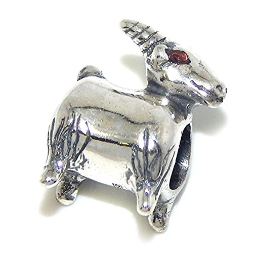 Solid Sterling Silver Goat Capricorn W/ Red Crystal Eyes Charm Bead Compatible with European Snake Chain Bracelets