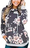 Angashion Women Hoodies-Tops- Floral Printed Long Sleeve Pocket Drawstring Sweatshirt With Pocket, Dark Grey, US 4/Tag S