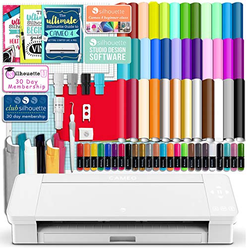 Silhouette White Cameo 4 Starter Bundle with 38 Oracal Vinyl Sheets, T-Shirt Vinyl, Transfer Paper, Class, Guides and 24 Sketch Pens