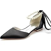 JOEupin Women Pointed Toe Pearl Wedding Flats Satin Flat Bridal Shoes for Bride Prom Evening Bridal Party Dress Flats