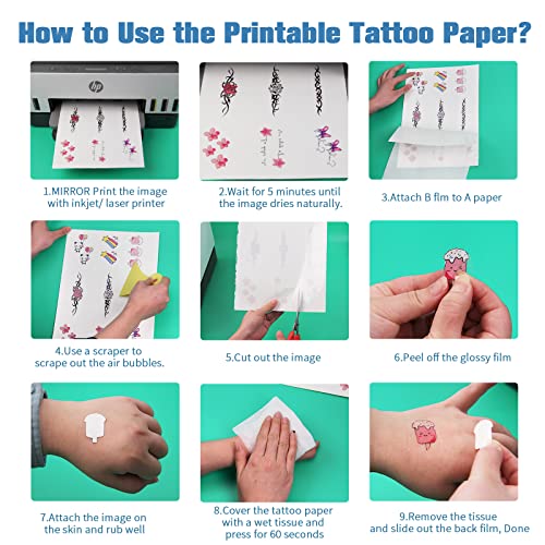 Tattoo Paper for Printing, Temporary Tattoo Transfer Paper A4X5 Sheets Transparent Sheet for DIY Tattoo for Inkjet Printer/Laser Printer