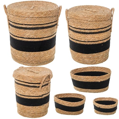 SET 6 CESTOS HIERBA DE MAR NATURAL+ ALGODÓN NEGRO_°42X48+°37X43+°32X38+33X23X16