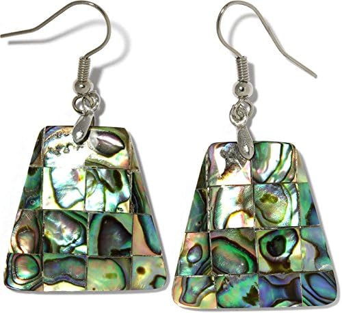 AnsonsImages Trapezoid Rectangle Tile Abalone Earrings Multi Color Green Silver Tone
