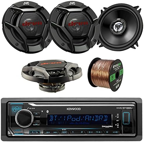 Kenwood KMM-BT322U Car Stereo Bluetooth USB/AUX Digital Media Receiver Bundle Combo With 4x JVC CS-DR520 5-1/4" 520 Watt 2-Way Black Audio Coaxial Speakers + Enrock 50-Foot 16-Gauge Speaker Wire