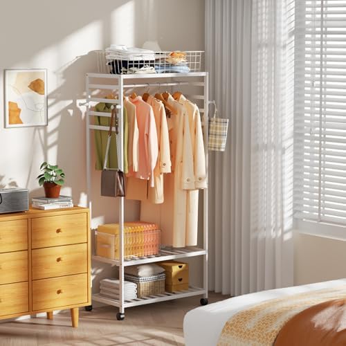 Porte Vêtements sur Pieds Roulant Blanc: Armoire Ouverte Penderie Bambou Porte Manteau et Chaussures avec 1 Barre et 4 Patères Idéal pour Maison Salon Chambre Entrée - 78x41x169cm