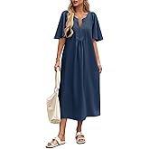 Wenrine Womens Flutter Short Sleeve Maxi Dress Casual V Neck Side Slit Pleated Loose Flowy Summer Dresses