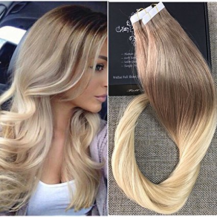 Full Shine 22" Tape in Hair Extensions Ombre Blonde Balayage Tape in Extensions Human Hair Remy Extensions Ombre Hair Dye Color #6 Fading to #613 Blonde 50g 20Pcs Per Package