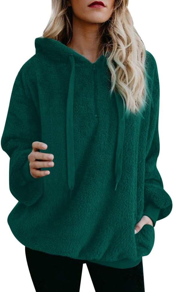 Womens Hoodie Coat Sale Toamen Ladies Long Sleeve Warm-up Jumpers Fluffy Faux Fur Pocket Fleece Hooded Sweatshirt Tops Outwear