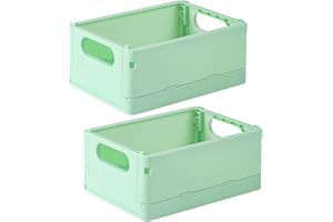 TRZZ 2-Pack Mini Pastel Crates Organizer, Collapsible Plastic Storage Basket, Small Crate Storage, Stackable Cute Bins for Office, Home Bedroom, and Kitchen Storage Decor, Green (6.5" 4.8" 2.9")