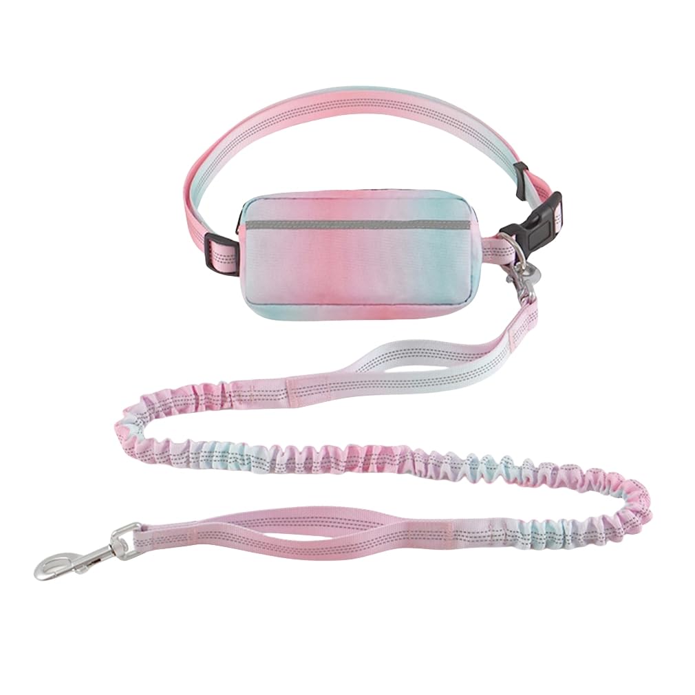 MyGiGi Hands Free Dog Leash with Zipper Pouch, Dual Handles and Durable Reflective Bungee for Walking, Jogging and Running Medium Large Dog (Pink+Cyan)