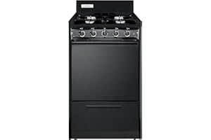 Summit Appliance TNM1107C 20in Wide Gas Range, 4 Open Burners, Electronic Ignition, Recessed Oven Door, Broiler Pan, Push-To-Turn Burner Knobs, Ada Compliant Design, Designed for Natural Gas, Black