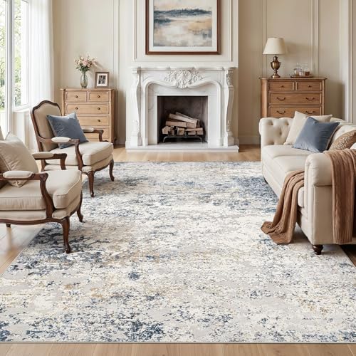 DMOYEST Washable Rugs Living Room 200x300cm - Large Abstract Neutral Modern Soft Non Slip Low Pile Kid Pet Friendly Carpet for Bedroom Dining Home Office - Beige/Blue