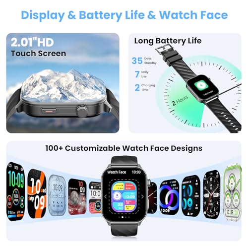 Smart Watch Men Women, 2.01" HD Smartwatch with GPS, Bluetooth Calls, Smart Watches with 110+ Sports, Sleep Monitor/Heart Rate Monitor/SpO2/Pedometer, 5ATM for Android iOS-Black