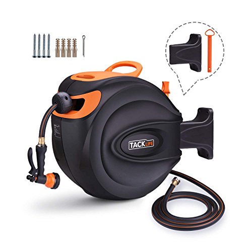 TACKLIFE Hose Reel, 65+7 FT Wall Mounted Retractable Garden Hose Reel/Include 8 Patterns Hose Nozzle/Brass Connector/Any Length Lock/Auto Rewind/180 Degree Pivot/for Garden Watering, Car Washing