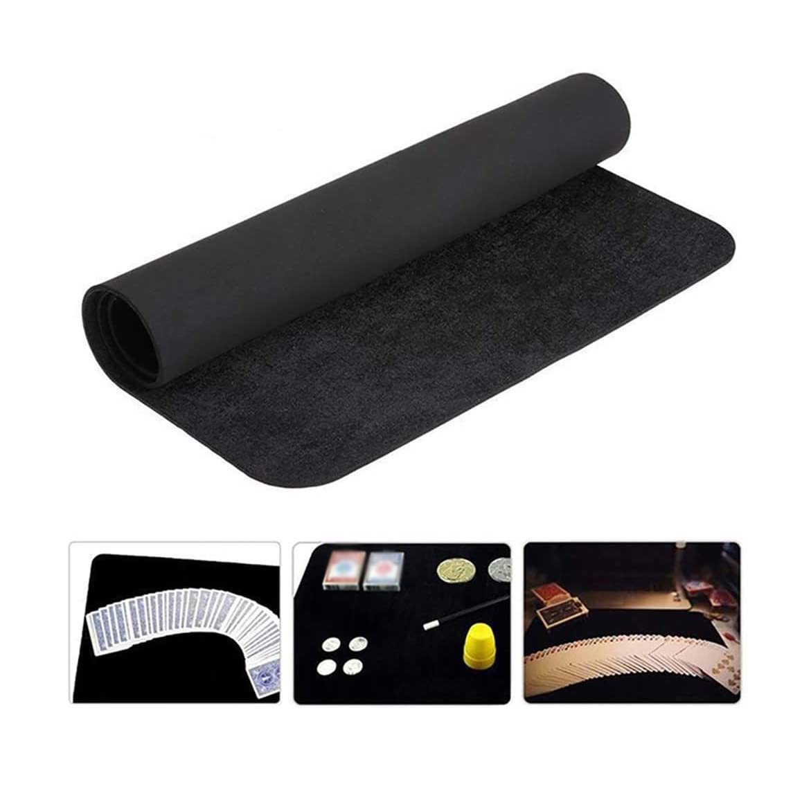 Enjoyer Great Prestige Closeup Black Poker Card Mat with Magic Bat Magician Mat Magic Props with Coins, 23.6 x 15.7 inch