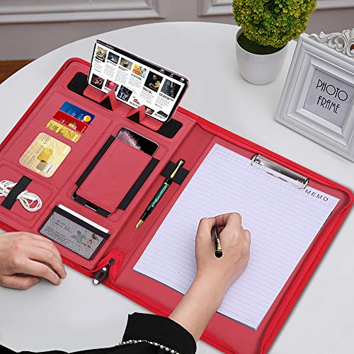 Portfolio Padfolio Case, Skycase Business Portfolio Folder, Zippered Conference Folder Document Organizer with Letter Size Clipboard, Document/Tablet Sleeve (Up to 12.9'' Tablet) and Card Holders Red