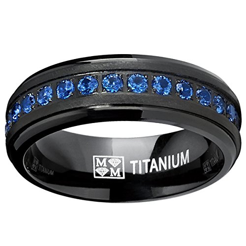 Black Titanium Men's Eternity Ring Band with Deep Blue Cubic Zirconia CZ, Size 10