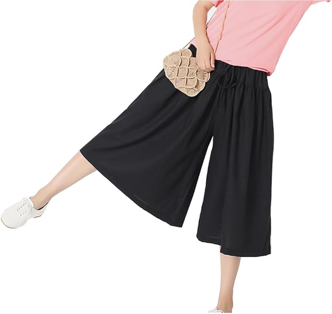 Amazon Orolay レディース ガウチョパンツ キュロット スカーチョ 綿 麻 無地 ワイド フレアー Black ロングパンツ 通販
