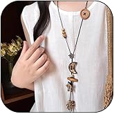 MSSIEJEW Boho Necklace for Women Long Wooden Flower Moon Square Star Pendant Statement Necklace Vintage Boho Jewelry