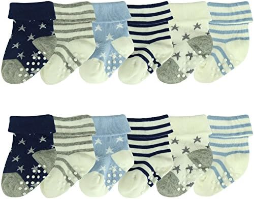 Baby Boys Non Slip Socks, ComiFun Unisex Girls' Anti-slip Non Skid Cuff Thick Soft Cotton Sneaker Ankle Cute 0Crew Socks 12 Pairs,1-2 Years