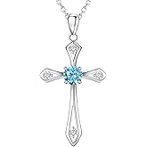 QUALISE Cross Necklace for Women,925 Sterling Silver Birthstone Necklace with Diamond Faith Religious Birthstone Jewelry Birthday Holiday Gifts for Her/Wife/Mom/Girlfriend