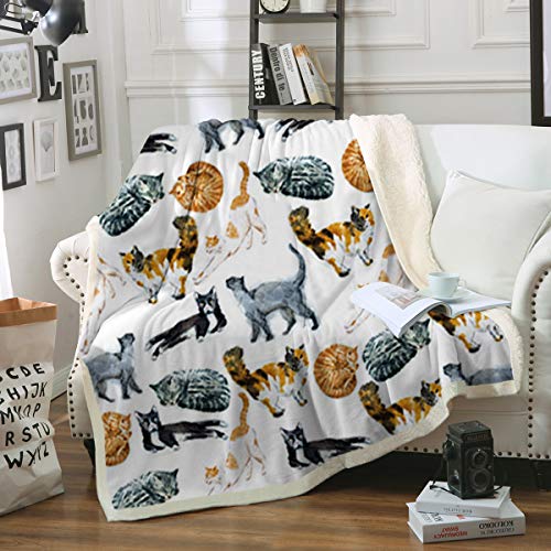 Sleepwish Cat Fleece Throw Blanket Hipster Cats Pattern Sherpa Plush Throw Blanket for Couch Bed Kids Girls Vintage Animal Blanket (50