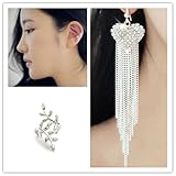 Voberry Vogue Lady Women's Party Tassels Heart Crystal Dangle Drop Long Earrings (Silver)