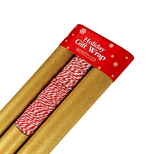 Plain Kraft Postal Wrap Brown Kraft Paper, 3 Rolls, with Red Baker\'s Twine