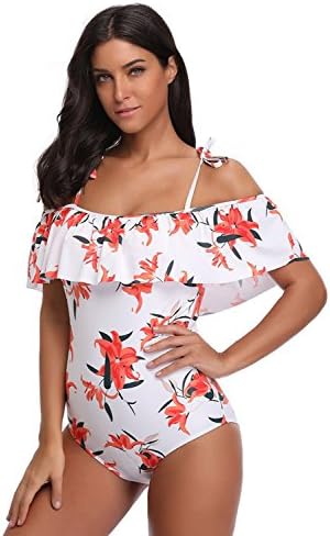 Sexcer Women Sexy Floral Padded Bikini Ruffle Off Shoulder One Piece Swimsuit Swimwear White M