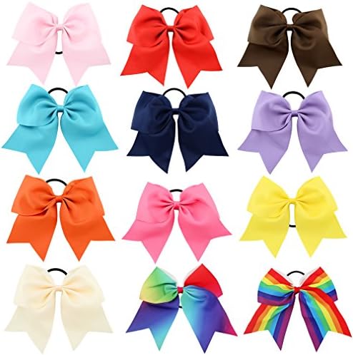 Yariew 12 Pcs Hair Bows Ties Ponytail Holder, 8 Inches Grosgrain Ribbon Pinwheel Boutique Hair Bows Elastic Hair Ties for Teens Women Girls, Christmas Gift