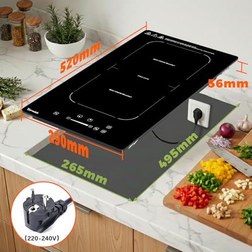 Topwish Induction hob with 2 burners, induction hob, flexible zones, built-in hob, 30 cm, with booster, 9 levels, timer, child safety, automatic switch-off, warm keep, 3500 W | Table de cuisson encastrable 30cm, avec Booster, 9 Niveaux, Minuterie, Sécurité Enfant, Arrêt automatique, Maintien au chaud
