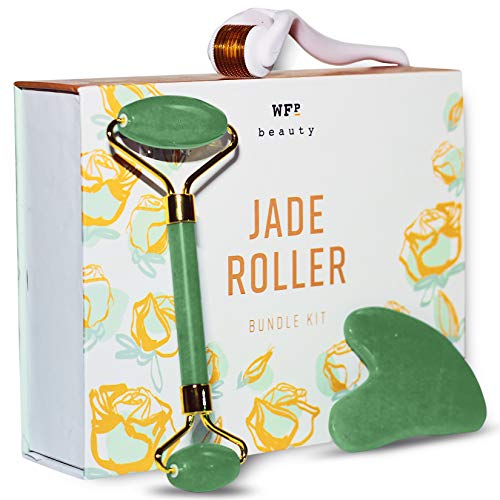 Jade Roller + Gua Sha Tool + Derma Roller 0.25mm Titanium Micro Needles – Promotes Brighter, Smoother Skin – Supports Increased Lymphatic Drainage, Blood Circulation & Serum Absorption