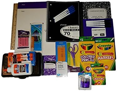 School Supplies Bundle -Purple & Black Marble Composition Books, Folders, Pencil Box, Pencils, Scissors, Erasers, Sharpener, Mechanical Pencils, Ruler, Markers, Glue Stick, Crayons and more.