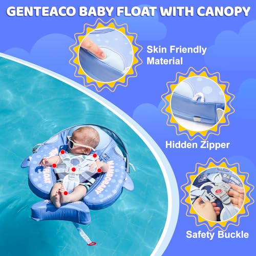 Mambobaby Baby Float with Canopy & Tail Non-Inflatable Baby Swim Float Upgrade Soft Infant Pool Float Sun Protection Newborn Pool Float 3-24 Months Skin-Friendly Material for Toddler Boys Girls