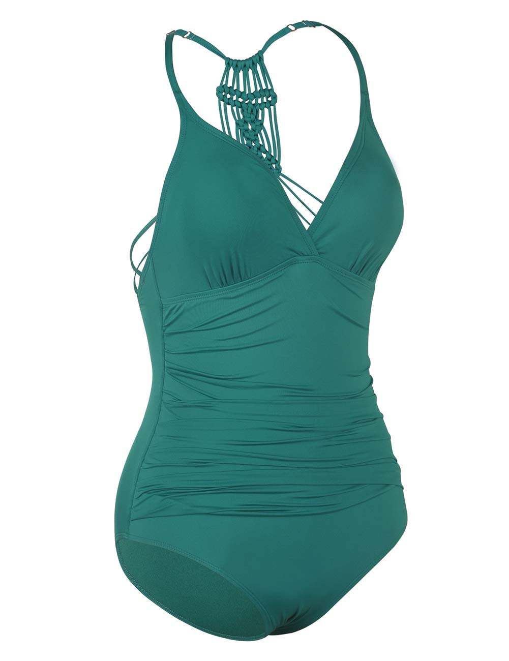 Hilor Women's Shirred Halter One Piece Swimsuits Macrame Back Swimwear Tummy Control Bathing Suit