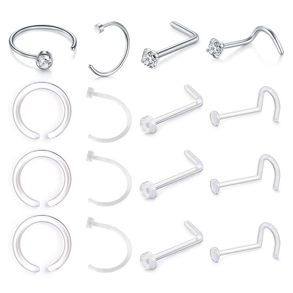 D.Bella 18G 20G Clear Nose Retainer & Stainless Steel Diamond CZ Nose