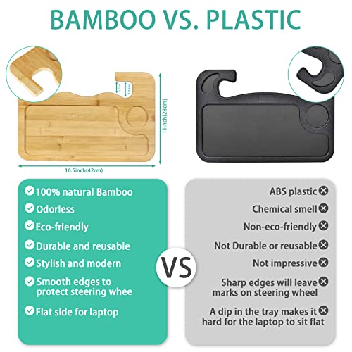 vioview Bamboo Steering Wheel Tray with Storage Bag, Double-Sided Steering Wheel Desk Food Trays for Eating, Laptop, iPad or Notebook, Fits Most Vehicles Steering Wheels
