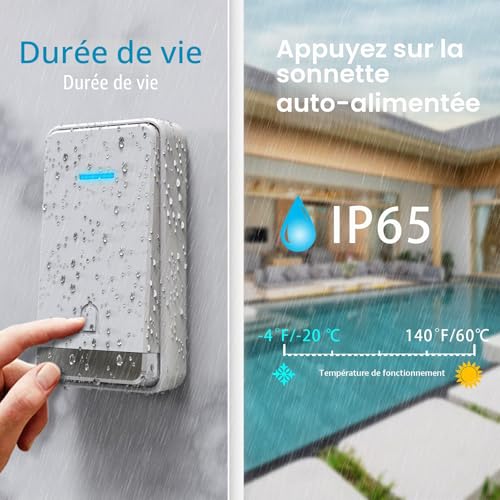 TECKNET 400m Wireless Doorbell IP65 Waterproof Electronic Chime Door Bell with Charging Function and LED Light, 60 Melodies at 5 Levels Volume