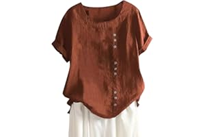 ROKIACDE Linen Shirt Women,Short Sleeve 2024 Summer Blouses Round Neck Boho Blouse Button Down T Shirt Floral Print Top