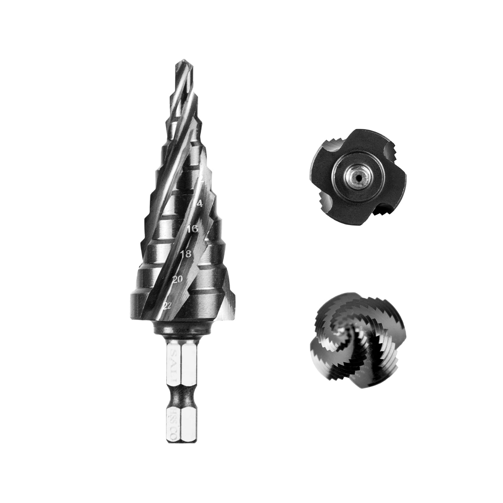 SALI M35 Hss Step Drill 4-22mm Four Spiral Flute Cobalt Step Drill Bit 1/4" Hex Shank Step Drill Bit for Metal, Stainless Steel, Aluminum, Wood, Plastic