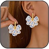 IQIC Flower Earrings for Women Blue and White Floral Earrings Trendy Large Statement Earring Irregular Petal Stud Earring Unique Jewelry